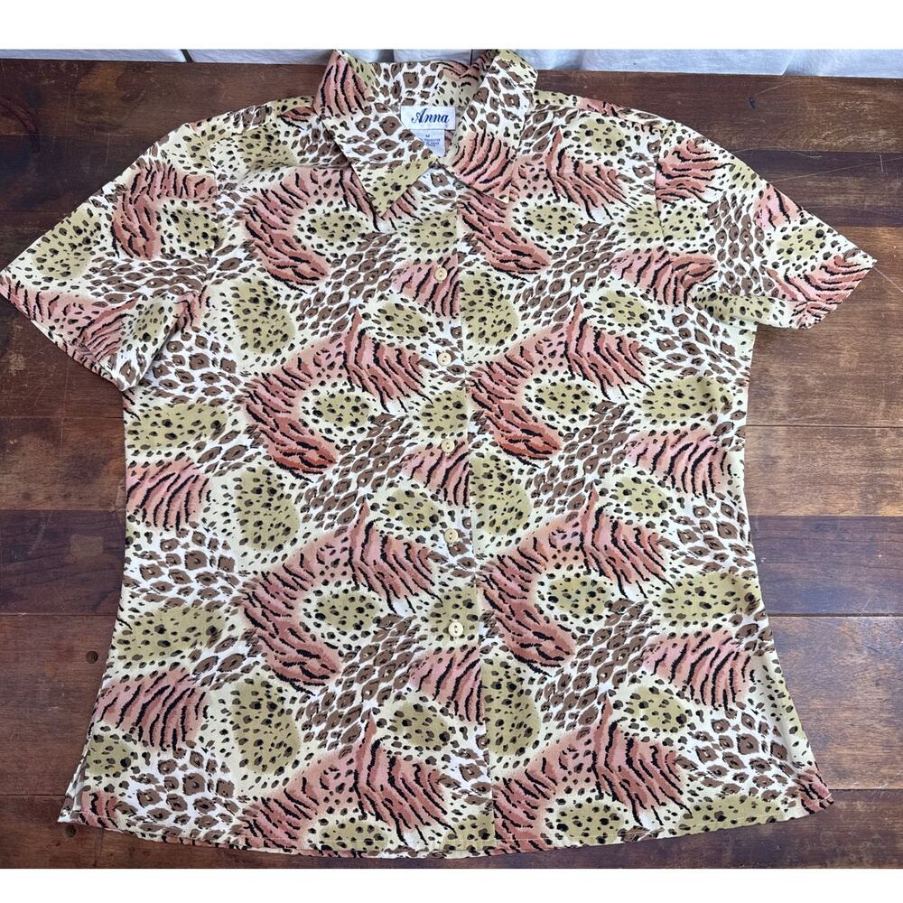 Anna Vintage Animal Print Collared Button-up Blouse Top Women’s Size Medium